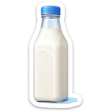 A 3D cartoon bottle of milk with white liquid, blue cap, clean reflections, Memoji-style. sticker