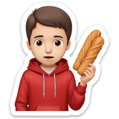 ute funny Spanish cartoon boy named Peque Tito, red hoodie, denim shorts, big expressive eyes, holding a churro, Pixar-style, viral character.” sticker