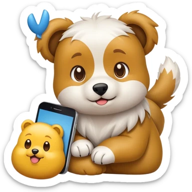 Emoji estilo iPhone de uma menina gamer bonita, cabelo longo e liso, com headset. Também emojis dos seus dois cachorros: um Yorkshire fofinho e um cão branco peludo tipo urso. Um emoji dela no PC editando emojis." sticker