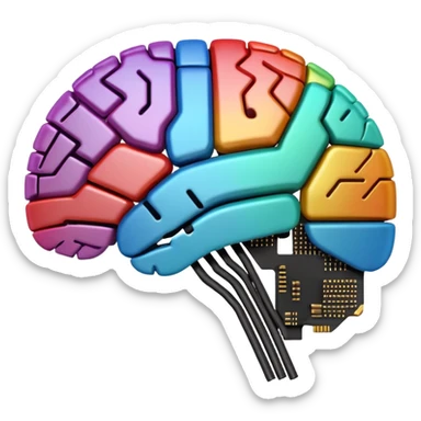 stylized brain emoji that looks like it is made from computer circuitry, with microchips and electronic traces sticker