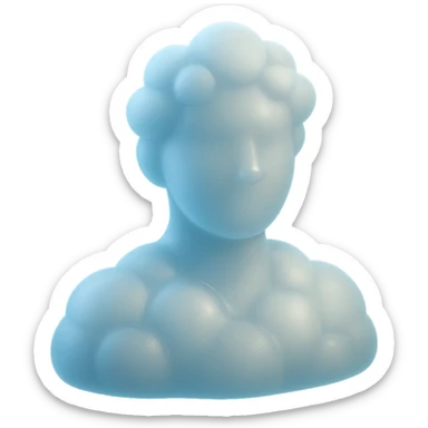 person looking straight, made entirely of white fluffy convex clouds, shoulder up, matte glass style, clouds with light blue glow sticker