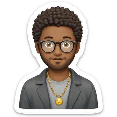 Hombre latino piel marron oscuro, cara ovalada, gafas redondas oscuras, barba corta, pelo corto rizado. Sonrisa leve, expresión tranquila. Camiseta gris, jacket negro abierto, collar dorado sticker