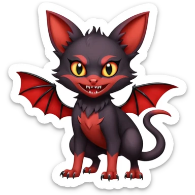 Vampiric Batty Black and Sanguine-red Noibat-Litten-Torracat-Lykoi-hybrid-fusion (full body) with big fangs, and bat-ears for ears sticker