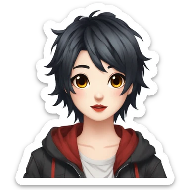 Gorgeous anime style tomboy-lady with blushing face aesthetic and pretty edgy black red punk hair with hair garment trending style sticker