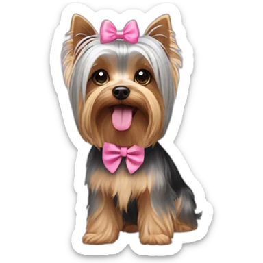 yorkshire terrier with grey hair with the tongue and two little pink hairbow on the head sticker