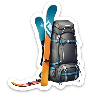 Icon for Mountain Tourism: a snow-covered peak in the distance, with skis, a snowboard, climbing gear, a backpack, and a camera. The icon should represent the adventure and exploration of mountain landscapes. Transparent background. sticker