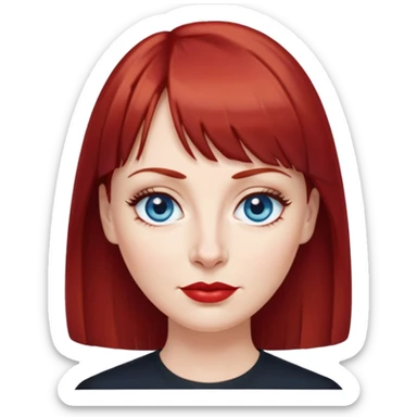 Middle-aged woman with fair skin, wider oval face, blue eyes, thin eyebrows, small nose, red lips, dark red hair with straight bangs, age-appropriate features, wearing a black blouse sticker