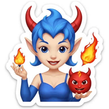 Female devil Cute blue imp holding fireball,  cute face, half body sticker
