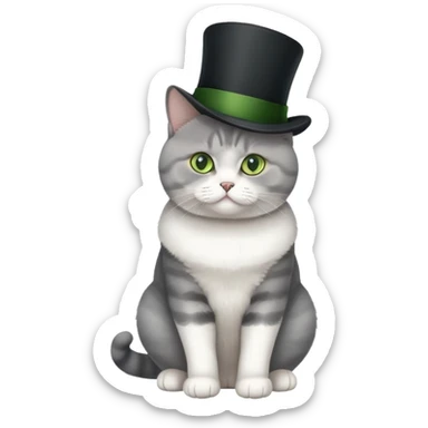 British Shorthair cat full body sitting with a top hat and green eyes sticker