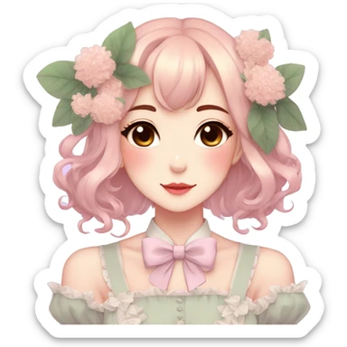 Gorgeous pastel anime style lady with blushing face and flowers and laces and bow ties and pretty hair aesthetic trending style sticker