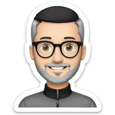 Man with light skin, black hair in near-buzz cut style (very minimal length), short peppered gray beard, large black-framed glasses, smiling face, black zip-neck long sleeve shirt sticker