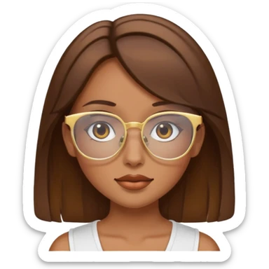 a girl with brown hair, slightly tanned skin and large square gold glasses sticker