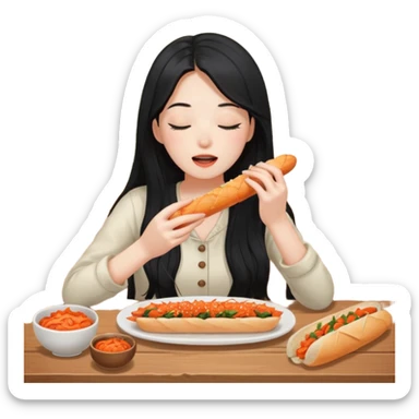Girl with black long hair eat kimchi close eyes baguette sticker