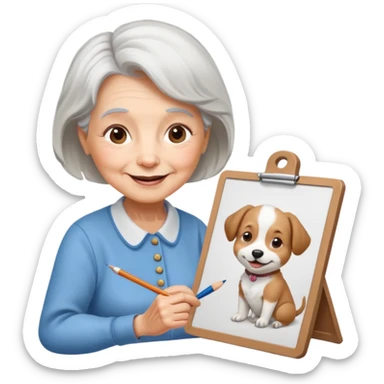 An elderly woman sketching, art board,nice picture, puppy face. sticker