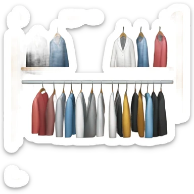 Design an emoji-style icon of an open wardrobe with clothes hanging inside. Include details like a wooden frame, hangers, and only black or white different clothing items such as shirts or any other clothing . Use a clean and minimalistic design. sticker