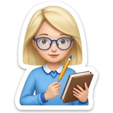 cute girl, glass, smart, Sky-blue colored clothing,
holding a book in one arm and a pen in the other hand.Holding a pen in the right hand as if teaching.Wearing glasses, with a smart and bright-looking face. sticker
