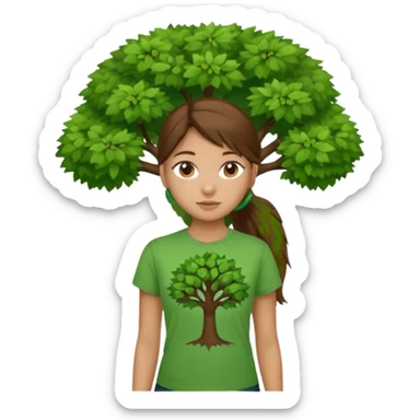 Make a zumba coach emoji, brown eyes, brown hair girl, long ponytail,green t shirt with a tree logo on It sticker