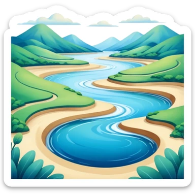 A 3D cartoon estuary where a river flows into the ocean, visible water color blend, soft natural lighting, Memoji-style. sticker