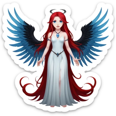 full body portrait of an extremely diabolical girl with pale white skin, massive towering wings, very long flowing blood red hair, glowing blue eyes, black hellfire aura, completely plain head with no accessories or features except hair, evil grin, no necklace sticker