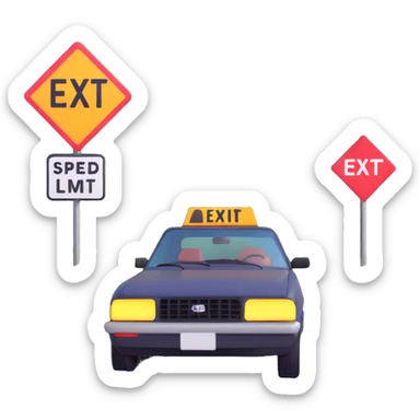 Bandit-style car speeding down highway with multiple road signs speed limit exit visible sticker