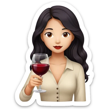 tan asian girl with black long wavy hair holding glass of wine sticker
