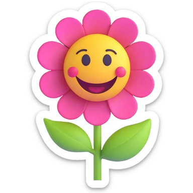 3D smiley emoji, round shape, grandmother with flower, pink color, smiling face sticker