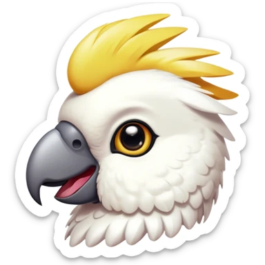 Cinematic Cute Cockatoo Portrait Emoji, Head tilted playfully and inquisitively, featuring a charming, fluffy form with a vividly colored crest, round, sparkling eyes full of playful wonder, and a soft, curved beak, Simplified yet irresistibly adorable features, highly detailed, glowing with a warm, inviting tropical glow, high shine, affectionate and lively, stylized with a touch of whimsical avian charm, soft glowing outline, capturing the essence of a mischievous yet loving cockatoo that seems as if it could flutter out of the screen into your arms! sticker