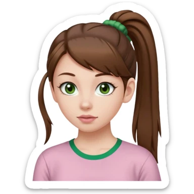 create an emoji of a young woman. She has a nice look, with long brown hair in a single ponytail with a hair tie, dark green eyes, pale skin, natural soft pink lips. she wears a green y2k top sticker