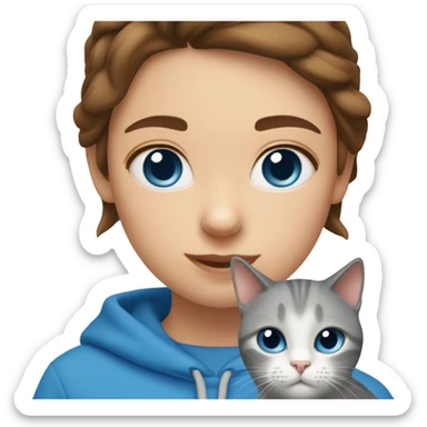 Create a sticker pack with a оgirl with brown hair below her shoulders with blue eyes and a blue sweatshirt or T-shirt. She has a white and gray Scottish Straight cat with blue eyes, sticker