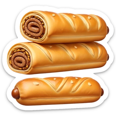 cinematic-realistic-sausage-roll-dish-emoji,-depicted-with-a-crisp,-golden-pastry-wrapped-around-flavorful-sausage,-rendered-with-detailed-textures-wrapped ina. plastic wrapper unrapped - and-appetizing-lighting sticker
