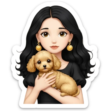 Beautiful skinny woman long dark black hair in dark dress with gold earrings hugs golden maltipoo sticker