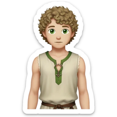 medieval summer outfit worn by a DnD themed fantasy male character. thin, sleeveless wool tunic with a small keyhole opening at the neckline, tied shut with a leather string. clothes only above the waist. The clothes full waist. The character's haven't arms. character is white-skinned, dark blonde hair, green eyes, short curly hair. sticker