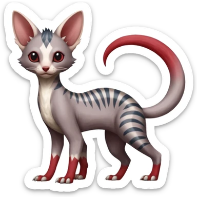 Minccino-Lykoi-Civet-Sphynx-Linoone-Zangoose-fusion-hybrid-animal-Fakémon-creature, full body, thin long sleek scaly tail, intricate markings sticker