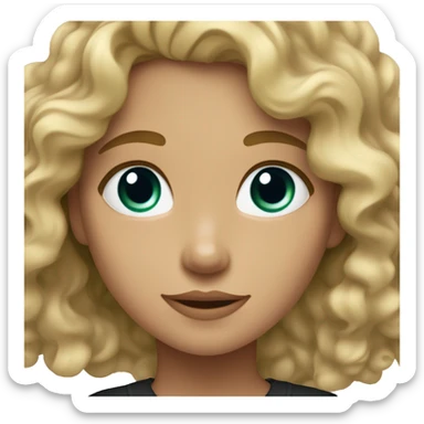 A girl with medium blonde wavy ish curly hair and blue eyes with a hint of green and a black shirt sticker