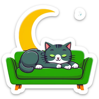 tricolor fluffy cat with big green eyes sleeping on a sofa with a moon above her sticker