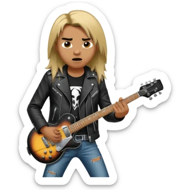 3D Apple-style emoji of a metal musician. Long hair, black leather jacket, ripped jeans, holding an electric guitar. Intense expression, glossy, rounded, smooth, soft shadows, white background.










 sticker
