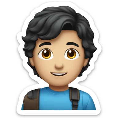 A kid that’s a boy that is wearing a blue shirt with a blue computer on the desk and has black hair with dark brown eyes sticker