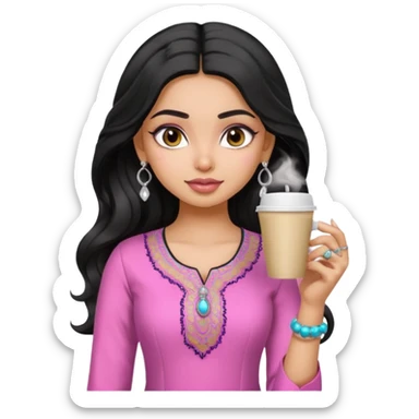 a pretty bratz fair indian girl wearing a pink kurti, drinking takeaway coffee. Silver jhumkas, black wavy hair sticker
