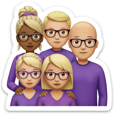 FIVE person team; 2 men and 3 women.  All dressed in yellow or purple.  2 caucasian women have blonde and 1 has ash blonde hair tied up.  1 man is African-american and bald, 1 man is caucasian and very little hair left.  All have glasses sticker
