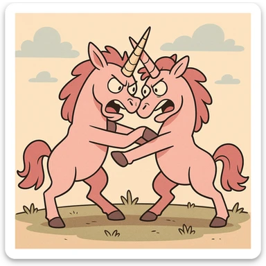 two pink unicorns fighting, cartoon style, playful, bold lines sticker