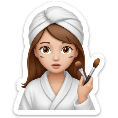 Girl with brown hair in white dressing gown and white towel wrapped in her head doing her makeup sticker