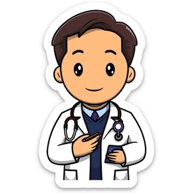 professional mature male doctor around 60 with stethoscope and white coat, dark brown hair, cinnamon skin tone, medium-dark complexion sticker