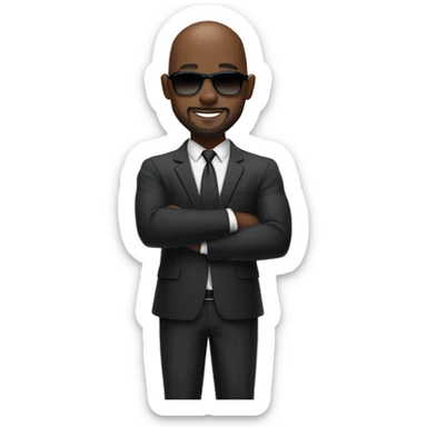 Smiling athletic bald attractive dark skin black man in proffessional suit with goatee and sunglasses crossing arms and standing sideways sticker