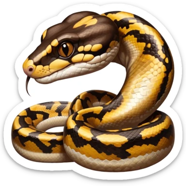 A photo-realistic digital illustration of a Ball Python, large headshot portrait. The snake has a short, rounded snout and smooth, soft contours, with a gentle, inquisitive expression that gives it a slightly playful charm. Its head is warm brown with bold, irregular dark markings. sticker