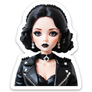 Chucky's bride doll with black lipstick, black dress, leather jacket, smoky eye makeup sticker