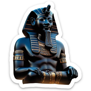 Osiris obsidian statue on granite 30 ton brick, massive size, sunlight behind, sunset colors, reflections on black stone polished clean perfect, photography angles sticker