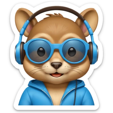 A high-detail 3D cartoon emoji of a cool chipmunk wearing oversized glowing blue DJ headphones and white retro sunglasses, expressive smirk, vibrant colors, white background, high gloss. sticker