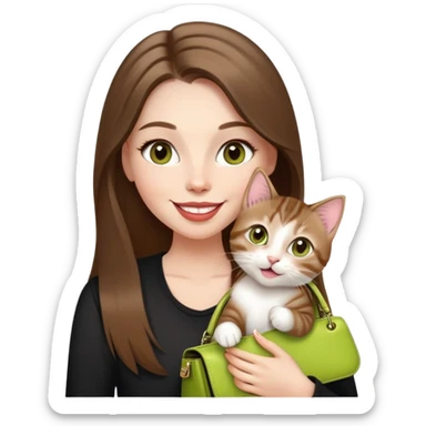White Woman with VERY long straight brown hair, rosy lips and cheeks, big chartreuse eyes, cute happy big smile holding a white and brown tabby kitten, wearing a black purse sticker
