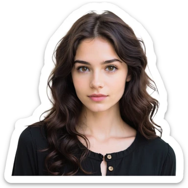 27 year old Caucasian woman with fair skin, brown eyes, long wavy dark brown hair, wearing a black top with a button sticker