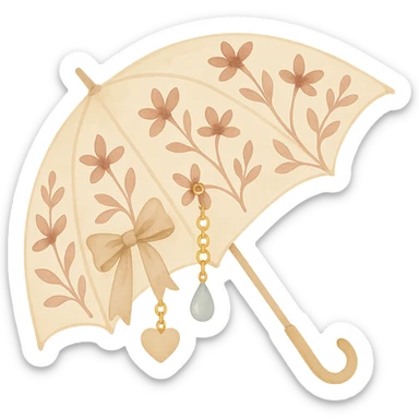 Add accessories such as a bow, charm, and raindrop keychain to the burgundy floral umbrella. Keep the watercolor art style consistent. Remove the background to isolate the subject. sticker